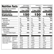 Nutrition Facts label for 1 bar (36g): calories 150, total carbs 25g, protein 2g