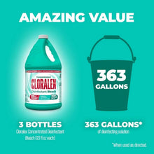 Cloralen bleach promotional graphic with teal bottle and 363 gallons disinfecting claim