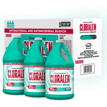 Three Cloralen bleach bottles with teal bodies and white caps, front labels visible
