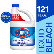 Clorox disinfecting bleach jug, 121 fl oz, white bottle with blue cap and blue label