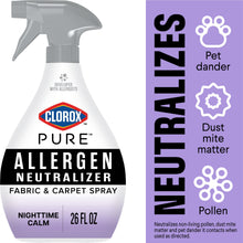Fabric & carpet allergen neutralizer spray bottle with gray trigger, white and purple label