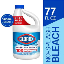Clorox No-Splash bleach bottle, blue cap, white jug with angled handle