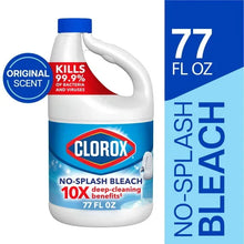 Liquid bleach jug with blue cap, white handle, and blue No-Splash label
