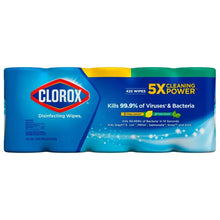 Clorox disinfecting wipes pack, blue wrapper with 5X cleaning power label