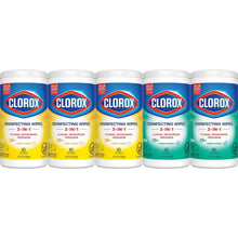 Five Clorox disinfecting wipes canisters, 3-in-1 cleans, deodorizes, freshens