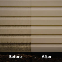 Before and after view of cleaned outdoor siding with dark grime removed
