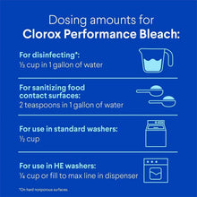 Clorox Performance Bleach dosing chart for disinfecting, sanitizing, and washer use