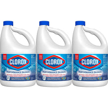 Three Clorox Performance Bleach bottles, blue caps