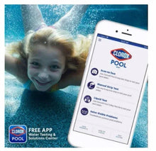 Clorox Pool Awesome Algaecide bottle beside phone showing pool testing app