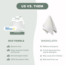 Eco cleansing towel wipes, white textured washcloth-style stack, dual-side