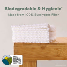 Stack of white eucalyptus-fiber eco towels with quilted waffle texture