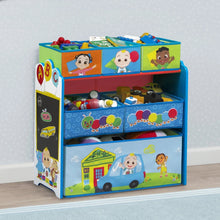 Kids toy storage organizer with open shelves and character bins, blue and green side