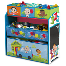 Kids toy storage organizer with three bins and open shelves, blue frame and character panels