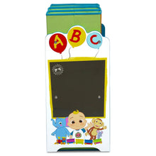 Kids toy bin with ABC balloons design, blue top and colorful character print front