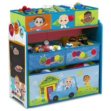 Kids toy storage organizer with three open shelves and colorful character bins, blue frame