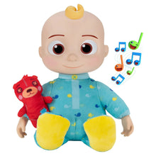 Blue patterned plush JJ doll with small red teddy bear plush and musical notes