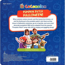 CoComelon Pumpkin Patch Halloween! board book back cover with family characters and synopsis