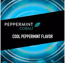 Peppermint cobalt cool peppermint flavor label on blue swirl background