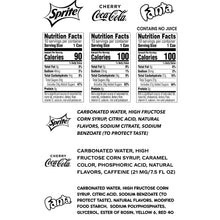 Soda variety pack nutrition facts panel with calories and serving info
