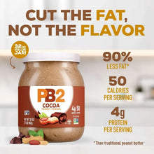 PB2 Cocoa powdered peanut butter jar with 50 calories and 4g protein callouts