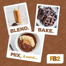 PB2 Cocoa powdered peanut butter jar with blend, mix, and bake card graphics
