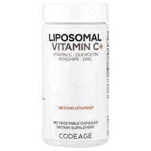Liposomal vitamin C+ supplement bottle, white label with capsule count and ingredients
