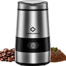 LINKChef coffee grinder with stainless body and black base, front power button