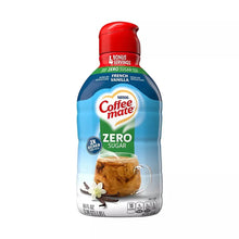 Coffee-Mate sugar-free French vanilla coffee creamer bottle, red cap, blue label.