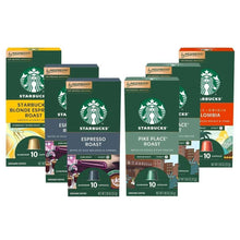 Coffee capsule variety pack with green Starbucks Nespresso boxes, 10-count pods each