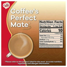 Coffee creamer nutrition facts panel on beige label, with calories and macros