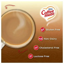 Powdered coffee creamer tub, beige container with red lid and label icons