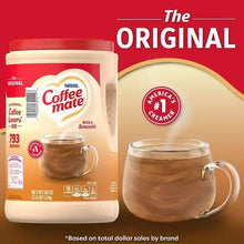 Powdered coffee creamer tub with mug of coffee creamer, beige and red