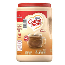 Powdered coffee creamer tub, beige container with red lid and front label