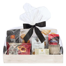 Coffee tray gift set with white tray and black bow, assorted coffee and cookie items