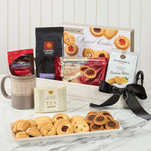 Coffee tray gift set with white tray, gray mug, and cookie and coffee package assortment