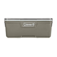 Coleman hard chest cooler, silver-gray body with black latch handles