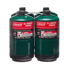 Two green propane cylinders with black tops and red Coleman All-Purpose labels