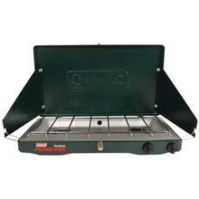 Portable 2-burner propane stove with open lid and metal grate, dark green