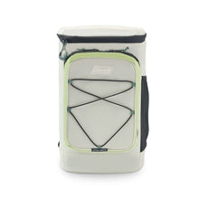 Beige soft cooler backpack with front panel divider, black straps, lime trim