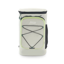 Beige soft cooler backpack with front zip pocket and green trim