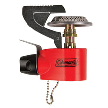 Coleman single burner stove with red canister, metal burner head and pull chain