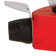 Coleman single burner stove close-up, red canister and black control knob