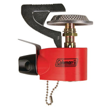 Coleman single burner stove, red fuel tank with metal burner plate and black control