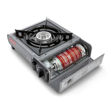 Gray 1-burner portable butane camping stove with installed butane canister