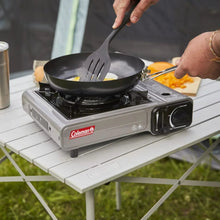 Gray 1-burner portable butane camping stove with black grate and control knob