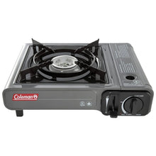 Gray 1-burner portable butane camping stove, front control panel and grate