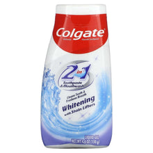 Colgate 2-in-1 whitening toothpaste liquid gel in bottle, blue design