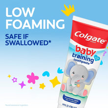 Baby training fluoride-free toothpaste tube with elephant character, red and white