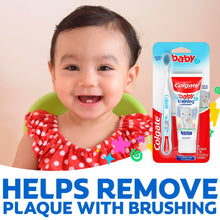 Baby toothbrush and training toothpaste kit with smiling child and packaged items