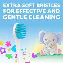 Baby extra-soft toothbrush with blue bristles and cute elephant graphic